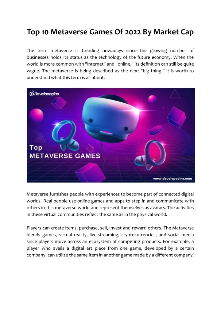 PPT - Top 10 Metaverse Games Of 2022 By Market Cap PowerPoint ...