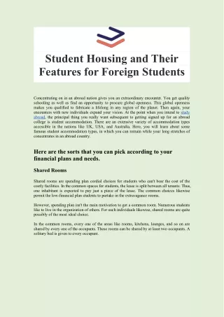 Student Housing and Their Features for Foreign Students