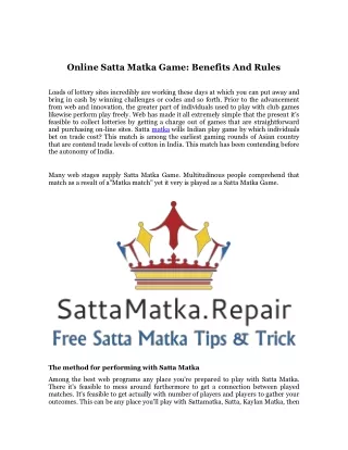 Online Satta Matka Game Benefits And Rules