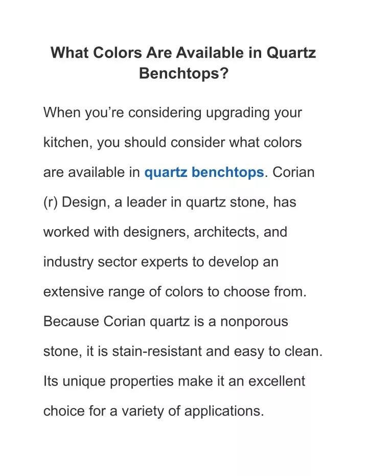 what colors are available in quartz benchtops