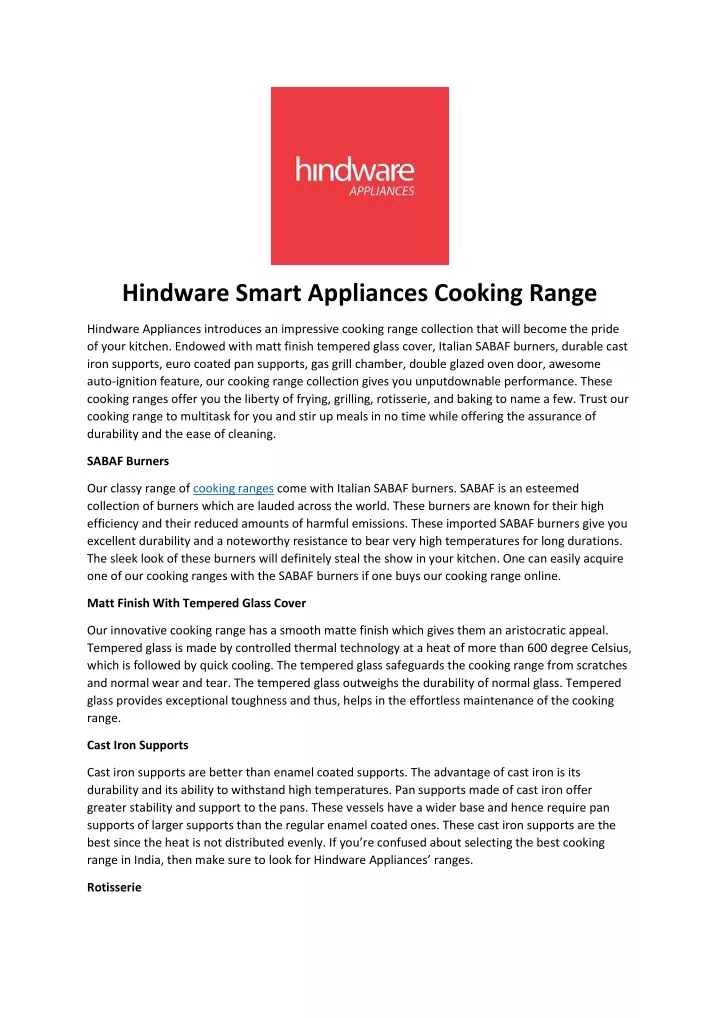 hindware smart appliances cooking range