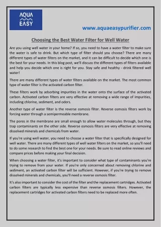 Choosing the Best Water Filter for Well Water