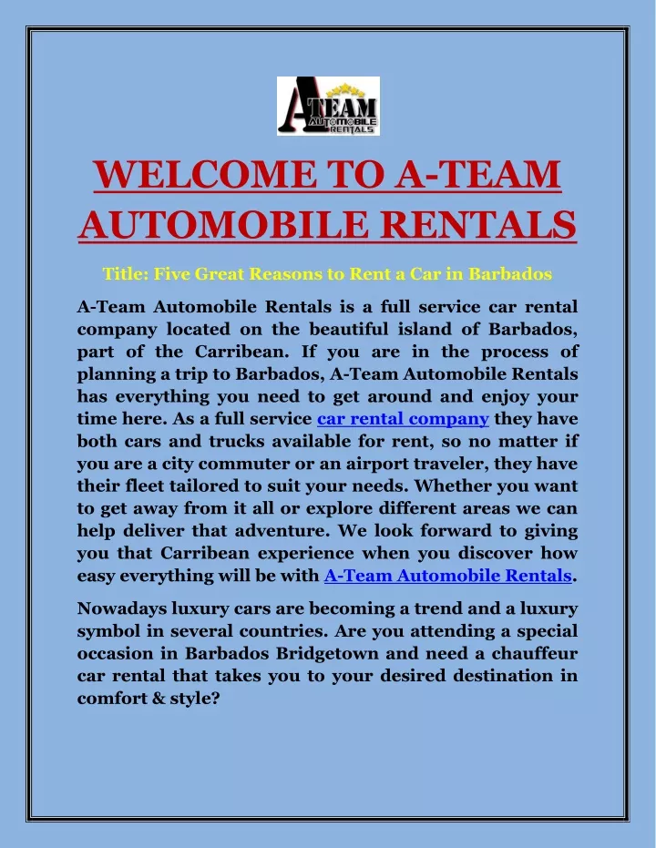 welcome to a team automobile rentals