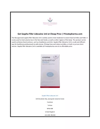 Get Saypha Filler Lidocaine 1ml at Cheap Price | Privatepharma.com