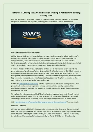 IEMLABs is Offering the AWS Certification Training in Kolkata with a Strong Faculty Team