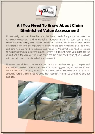 Fact To Know About Diminished Value Assessment Car Claims