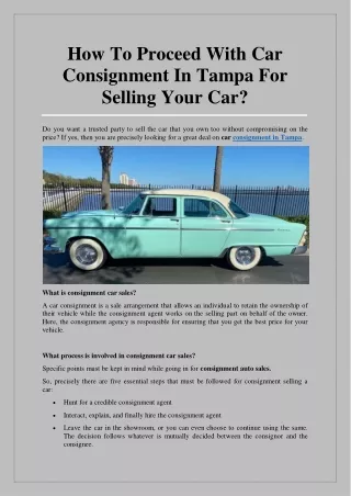 How To Proceed With Car Consignment In Tampa For Selling Your Car?
