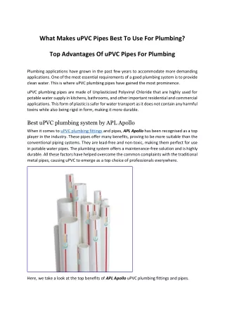 What makes UPVC Pipes Best to Use for Plumbing