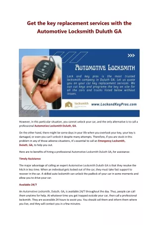 Get the key replacement services with the Automotive Locksmith Duluth GA