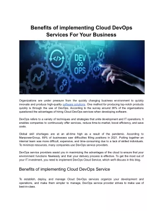 Benefits of implementing Cloud DevOps Services For Your Business