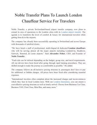Noble Transfer Plans To Launch London Chauffeur Service For Travelers