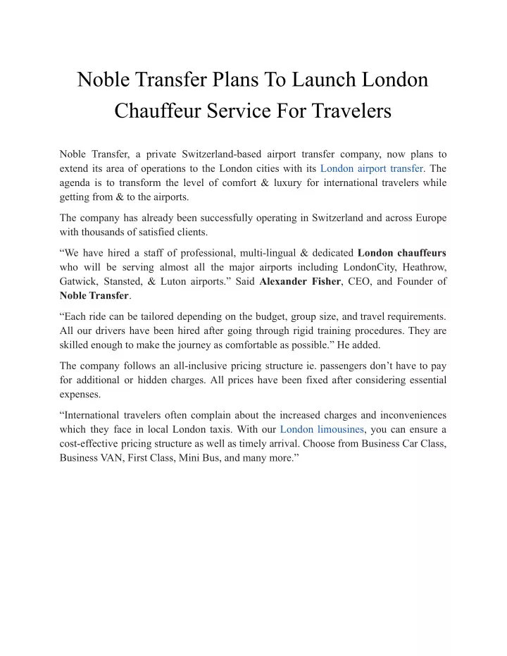 noble transfer plans to launch london chauffeur