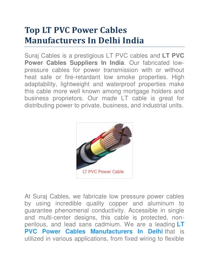 top lt pvc power cables manufacturers in delhi