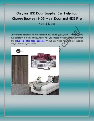 Only an HDB Door Supplier Can Help You Choose Between HDB Main Door and HDB Fire