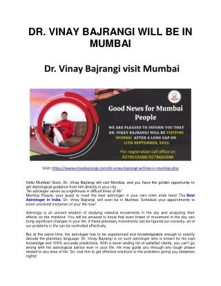 DR. VINAY BAJRANGI WILL BE IN MUMBAI