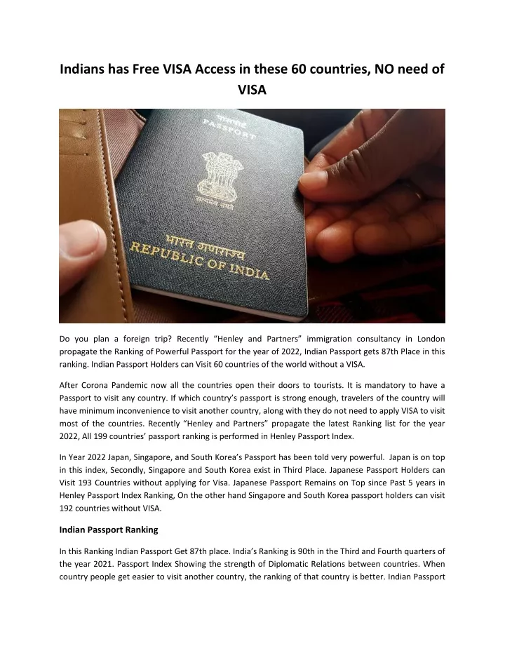 indians has free visa access in these