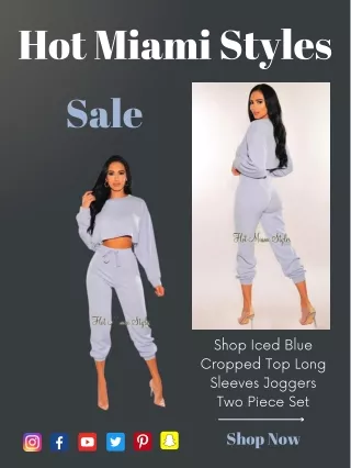 Shop Iced Blue Cropped Top Long Sleeves Joggers Two Piece Set