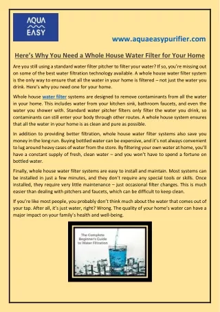Here’s Why You Need a Whole House Water Filter for Your Home