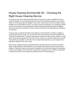 House Cleaning Summerville SC - Choosing the Right House Cleaning Service