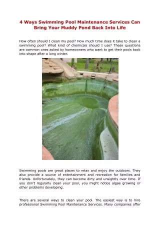 4 Ways Swimming Pool Maintenance Services Can Bring Your Muddy Pond Back Into Life