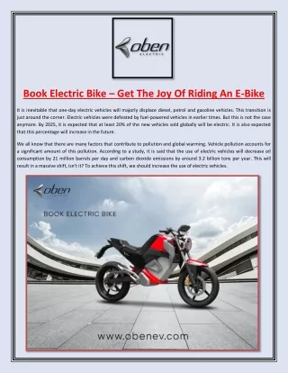 Book Electric Bike – Get The Joy Of Riding An E-Bike.