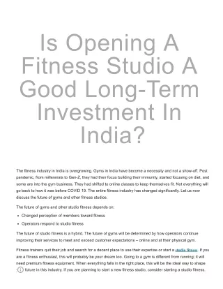 Is Opening A Fitness Studio A Good Long-Term Investment In India