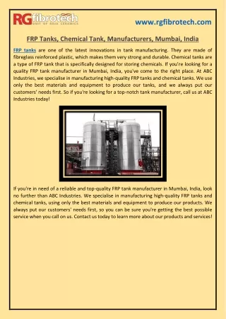 FRP Tanks, Chemical Tank, Manufacturers, Mumbai, India