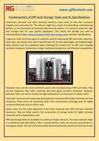 Fundamentals of FRP Acid Storage Tanks and Its Specifications