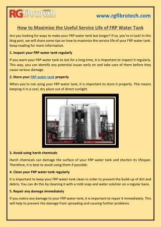 How to Maximise the Useful Service Life of FRP Water Tank