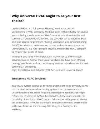 Why You Ought to choose Universal HVAC?