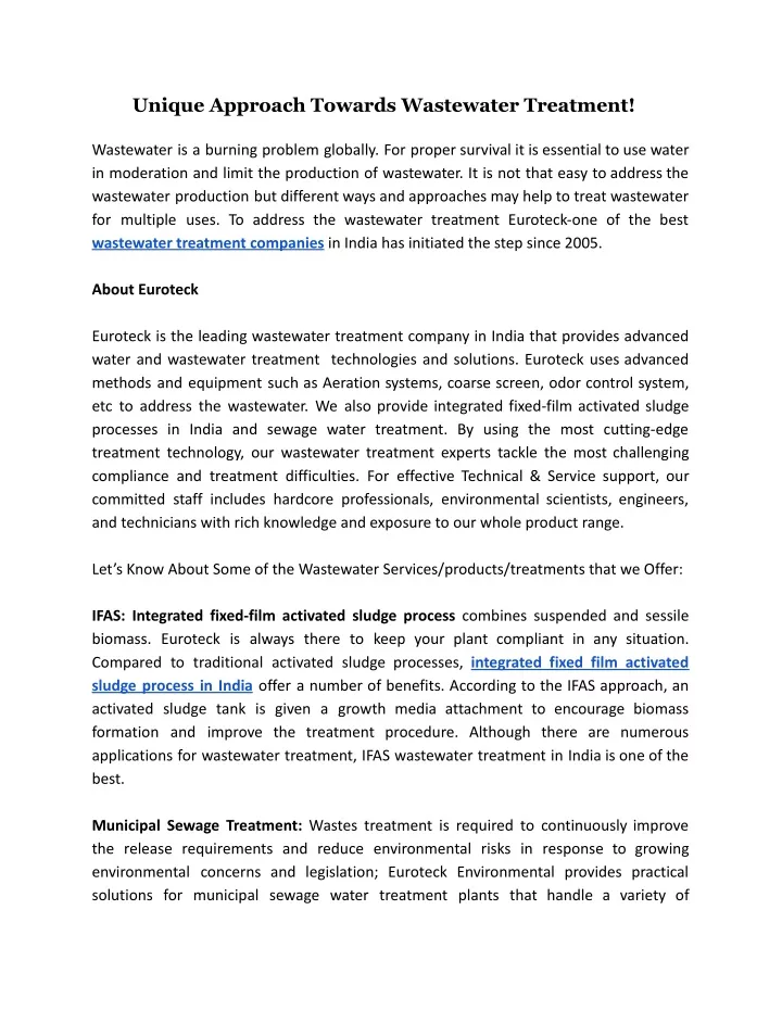 unique approach towards wastewater treatment