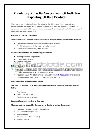 Mandatory Rules By Government Of India For Exporting Of Rice Products