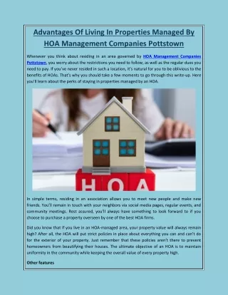 Advantages Of Living In Properties Managed By HOA Management Companies Pottstown