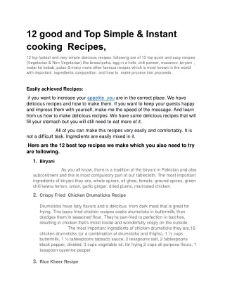 12 good and Top Simple & Instant cooking  Recipes