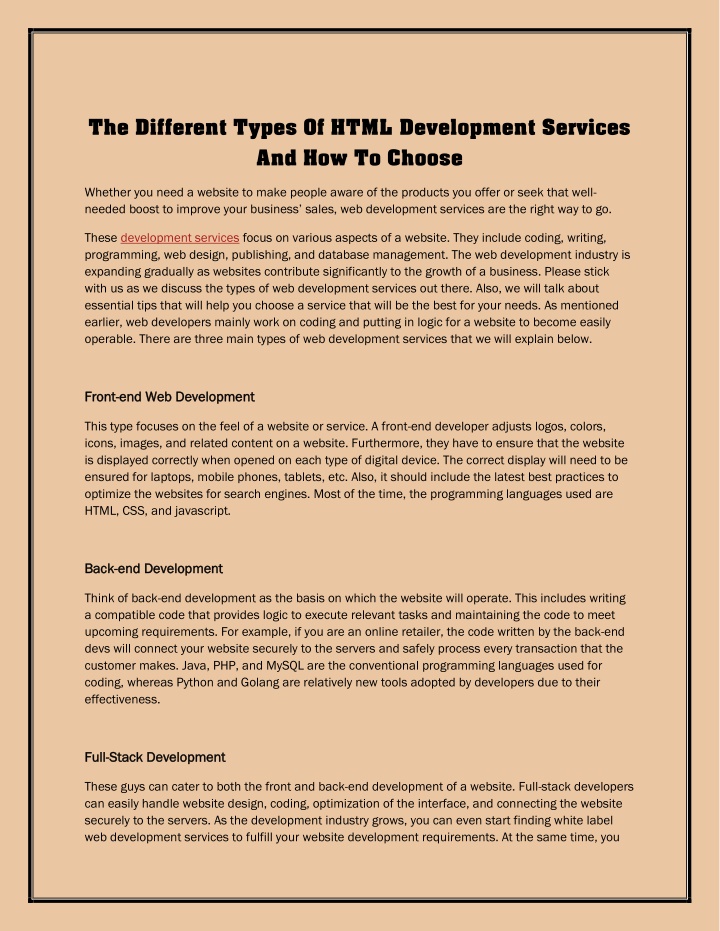 the different types of html development services