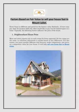 Factors Based on Fair Value to sell your house fast in Mount Juliet