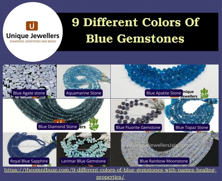 9 different colors of blue gemstones