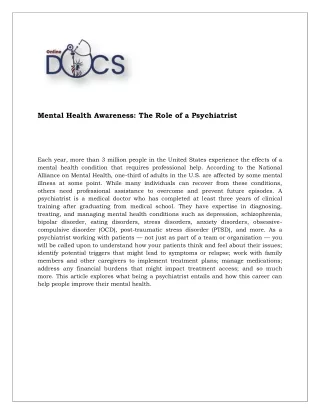 MentalHealth Awareness- The Role of a Psychiatrist