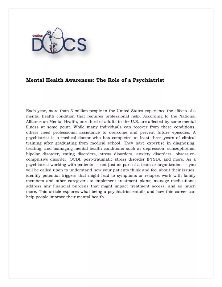mental health awareness the role of a psychiatrist