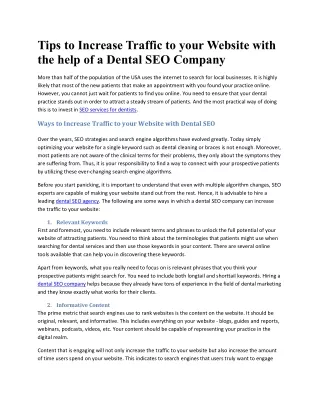 Tips to Increase Traffic to your Website with the help of a Dental SEO Company