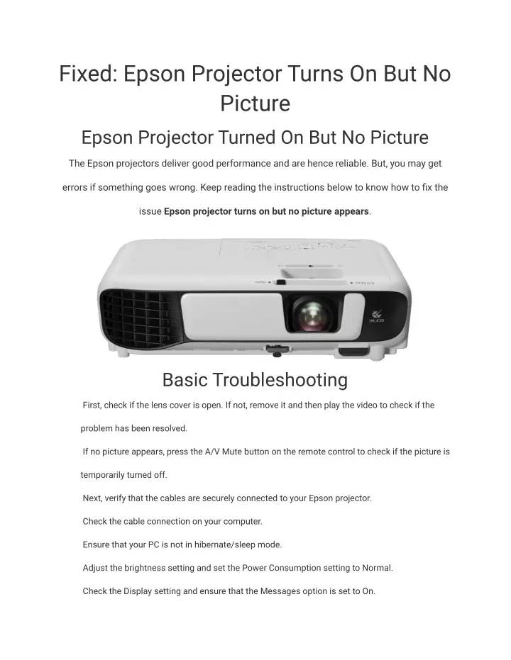 fixed epson projector turns on but no picture