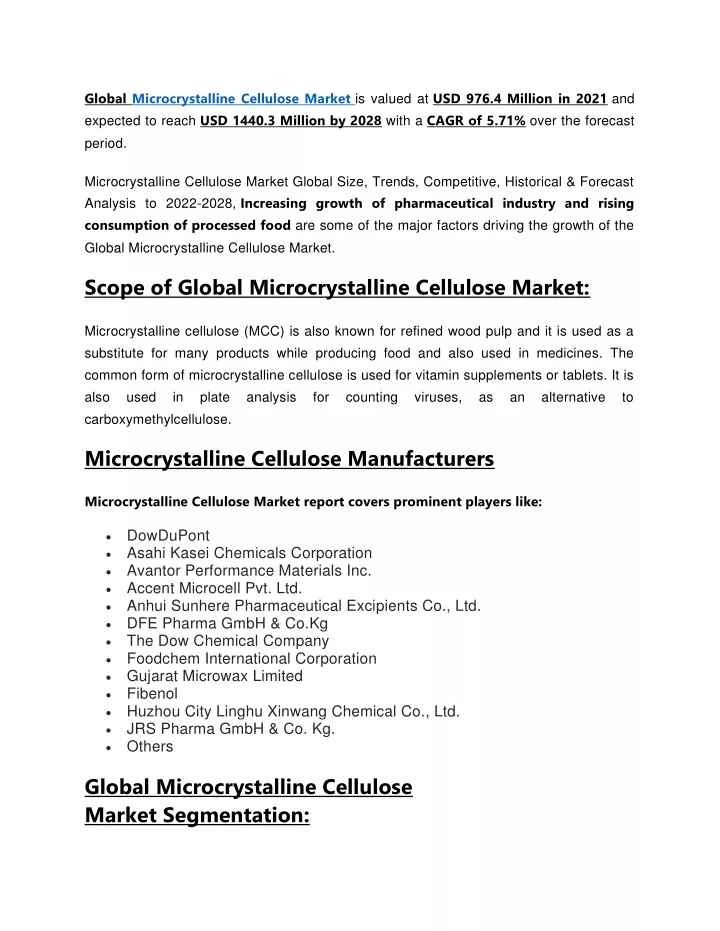 global microcrystalline cellulose market