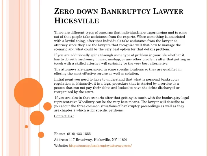 zero down bankruptcy lawyer hicksville