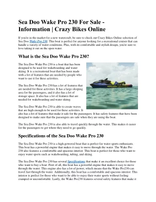 Sea Doo Wake Pro 230 For Sale - Information | Crazy Bikes Online