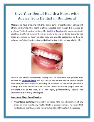 Give Your Dental Health a Boost with Advice from Dentist in Bundoora