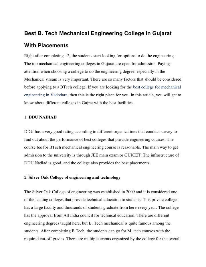 best b tech mechanical engineering college