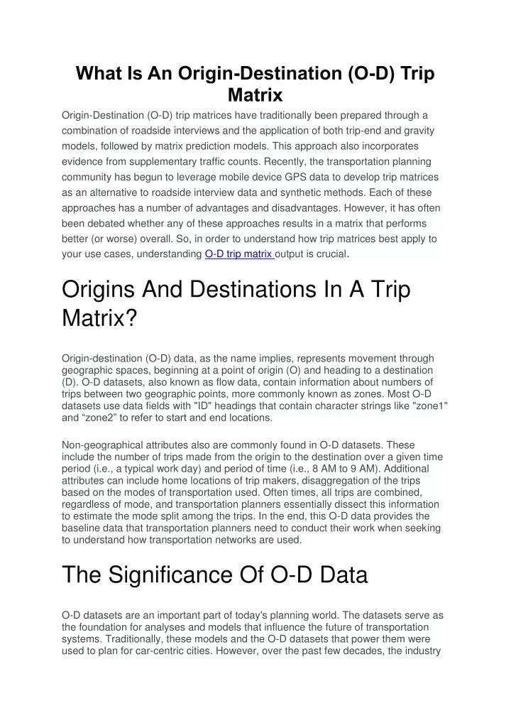 what is an origin destination o d trip matrix