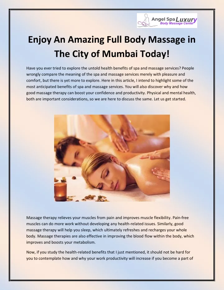 enjoy an amazing full body massage in the city