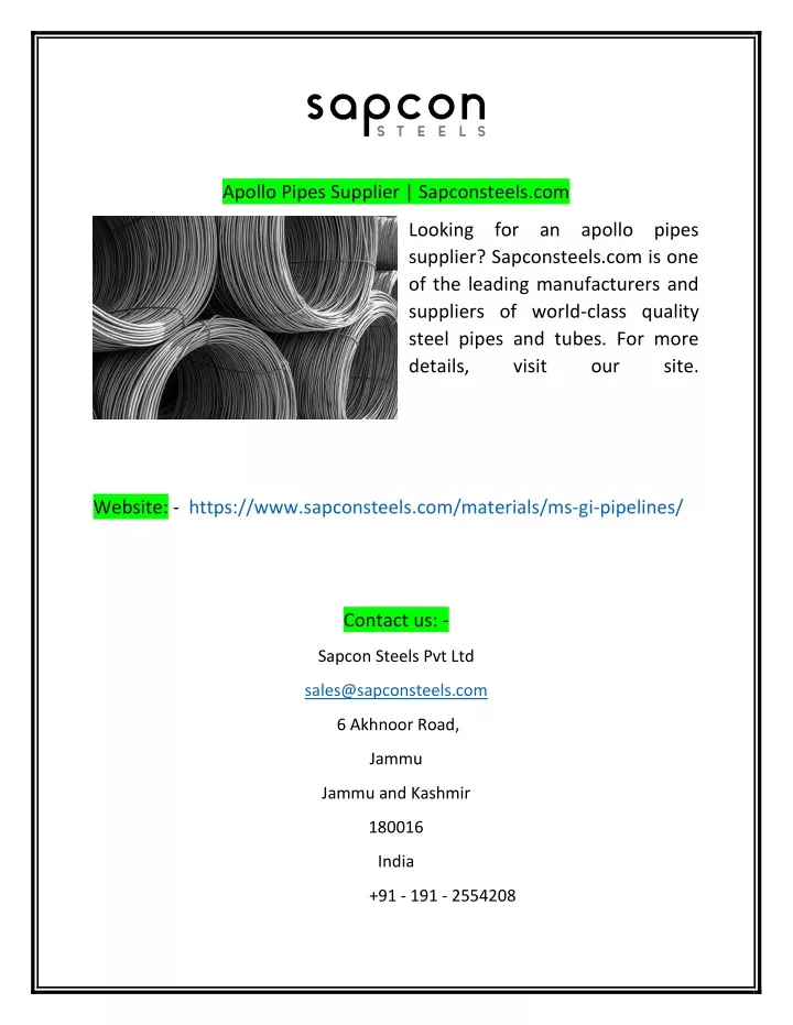 apollo pipes supplier sapconsteels com