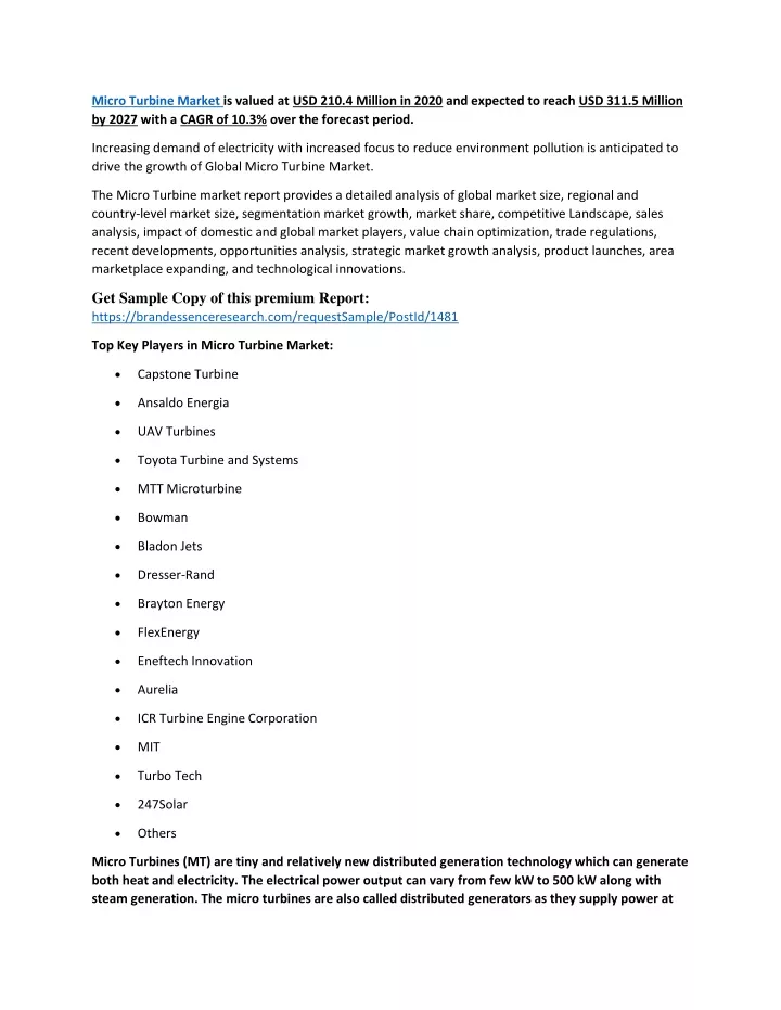 micro turbine market is valued
